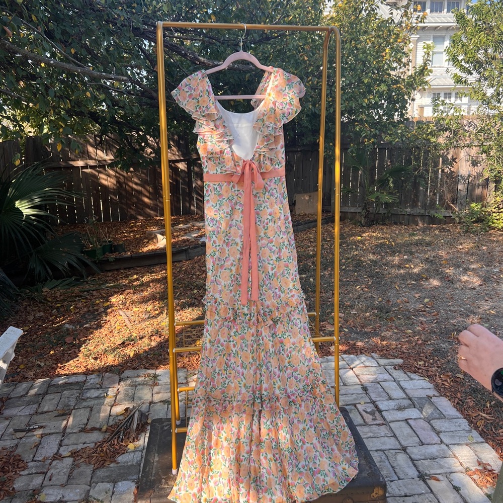 Saloni Floral Silk Ruffle Maxi Dress – Size US 4 / UK 8